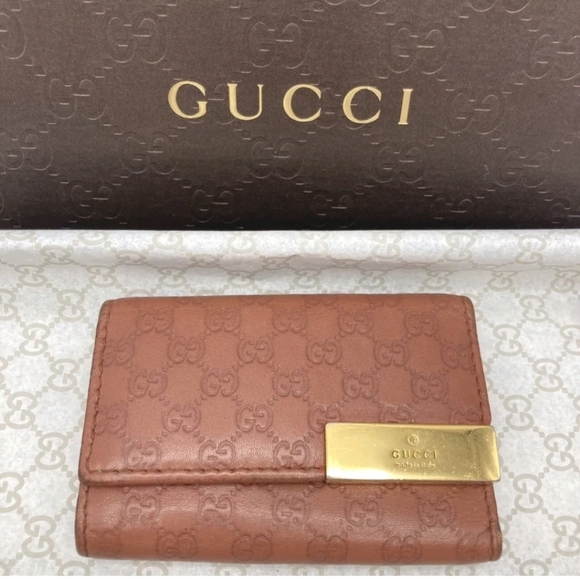 🔹️Gucci 🔹️Key case holder GG Brown Cow Leather  micro Guccissi - Picture 1 of 13